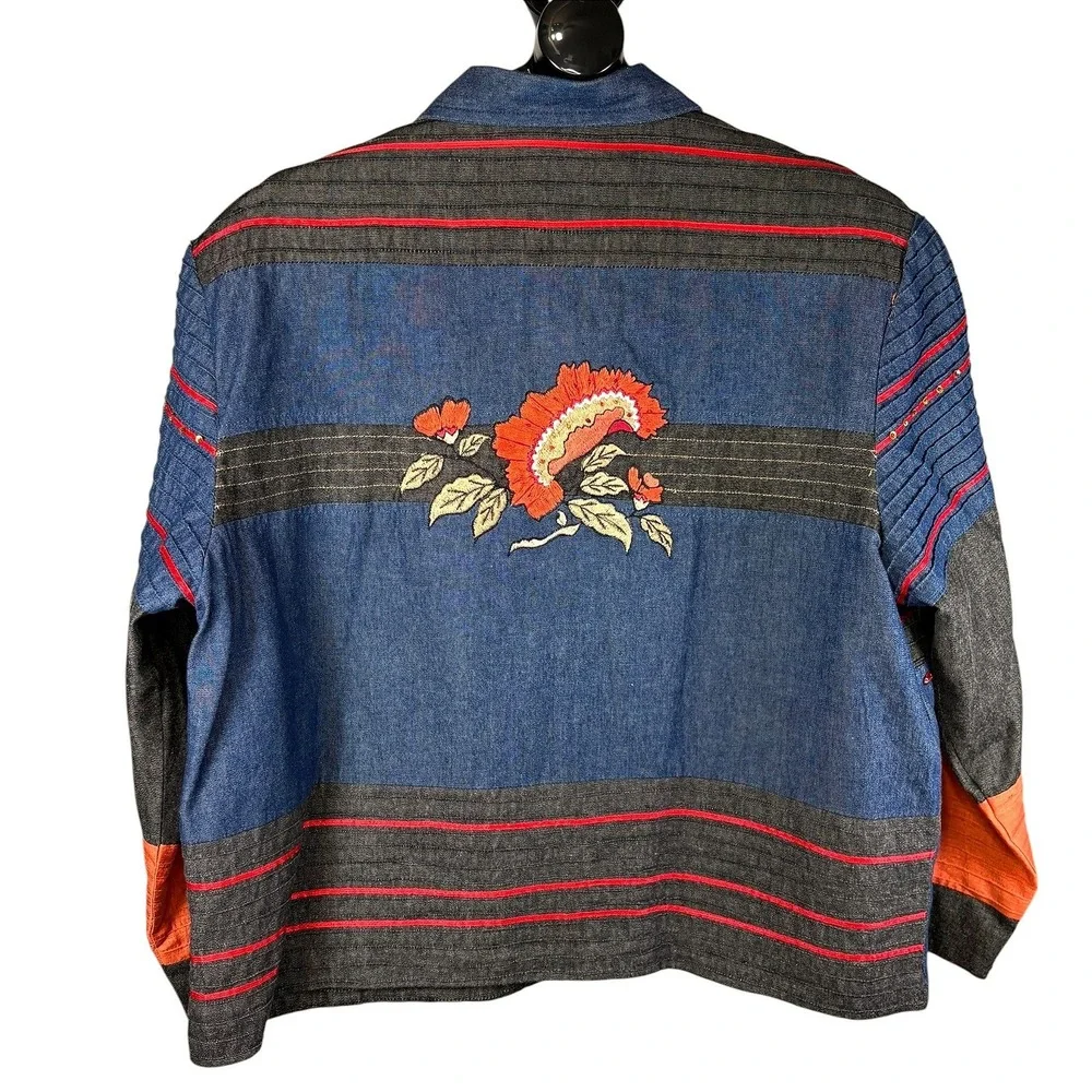 Coldwater Creek Womens XL Patchwork‎ Embroidered Silk Cotton Jacket Blue